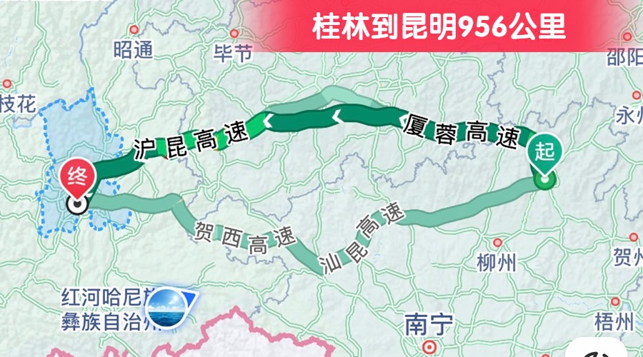 桂林到昆明956公里